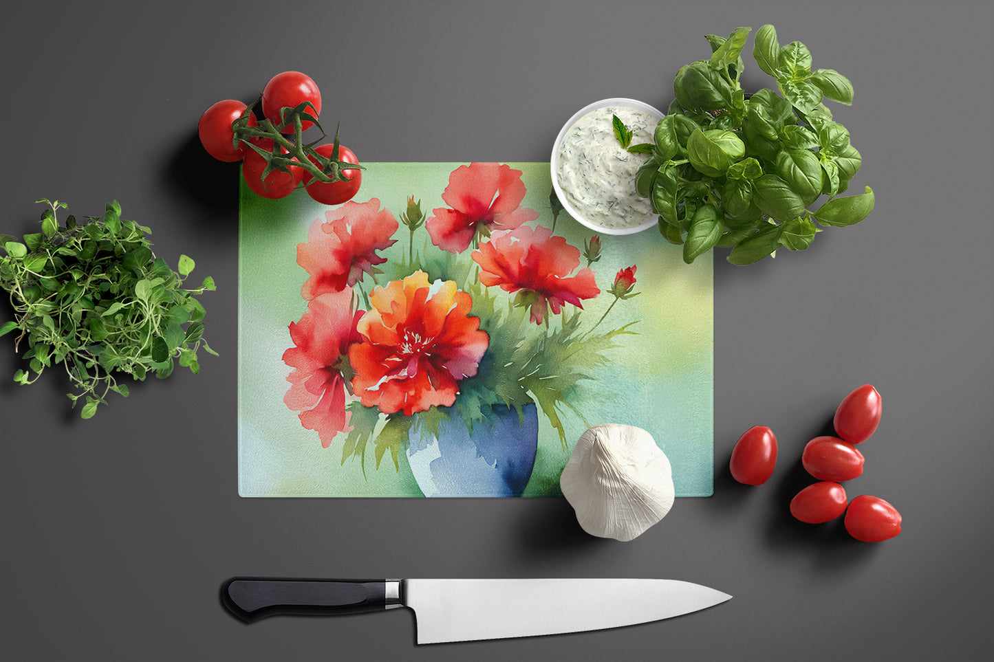 Ohio Scarlet Carnations in Watercolor Glass Cutting Board