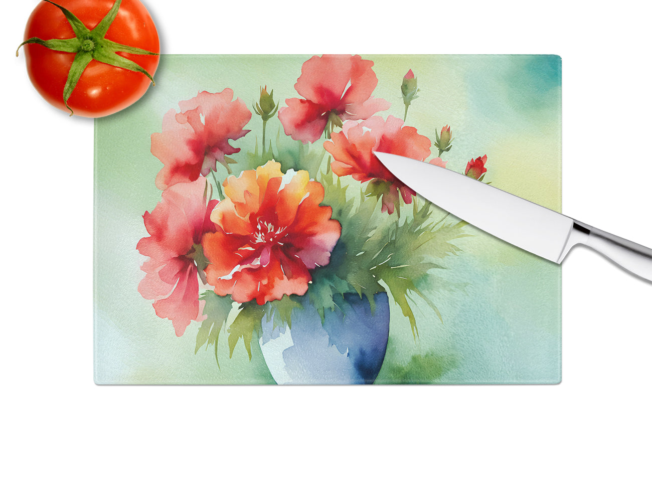 Ohio Scarlet Carnations in Watercolor Glass Cutting Board