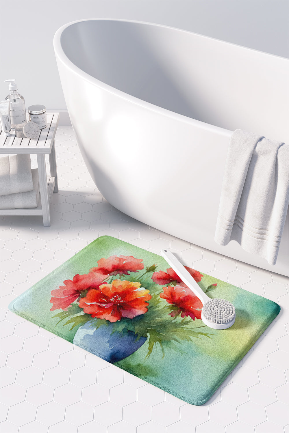 Ohio Scarlet Carnations in Watercolor Memory Foam Kitchen Mat