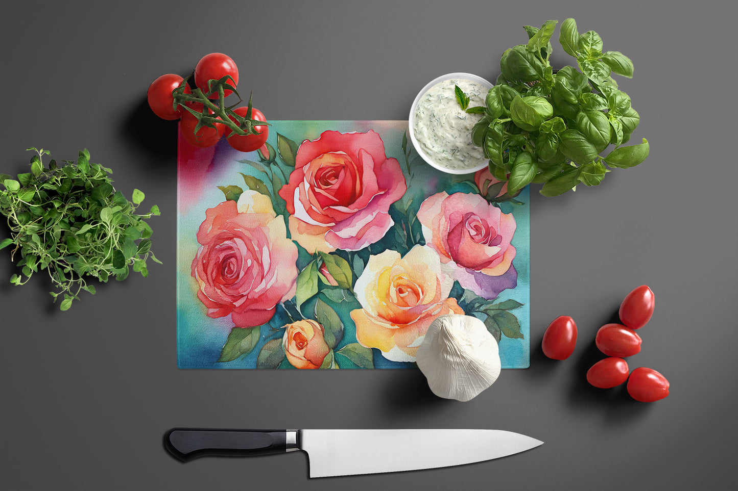 Oklahoma Roses in Watercolor Glass Cutting Board