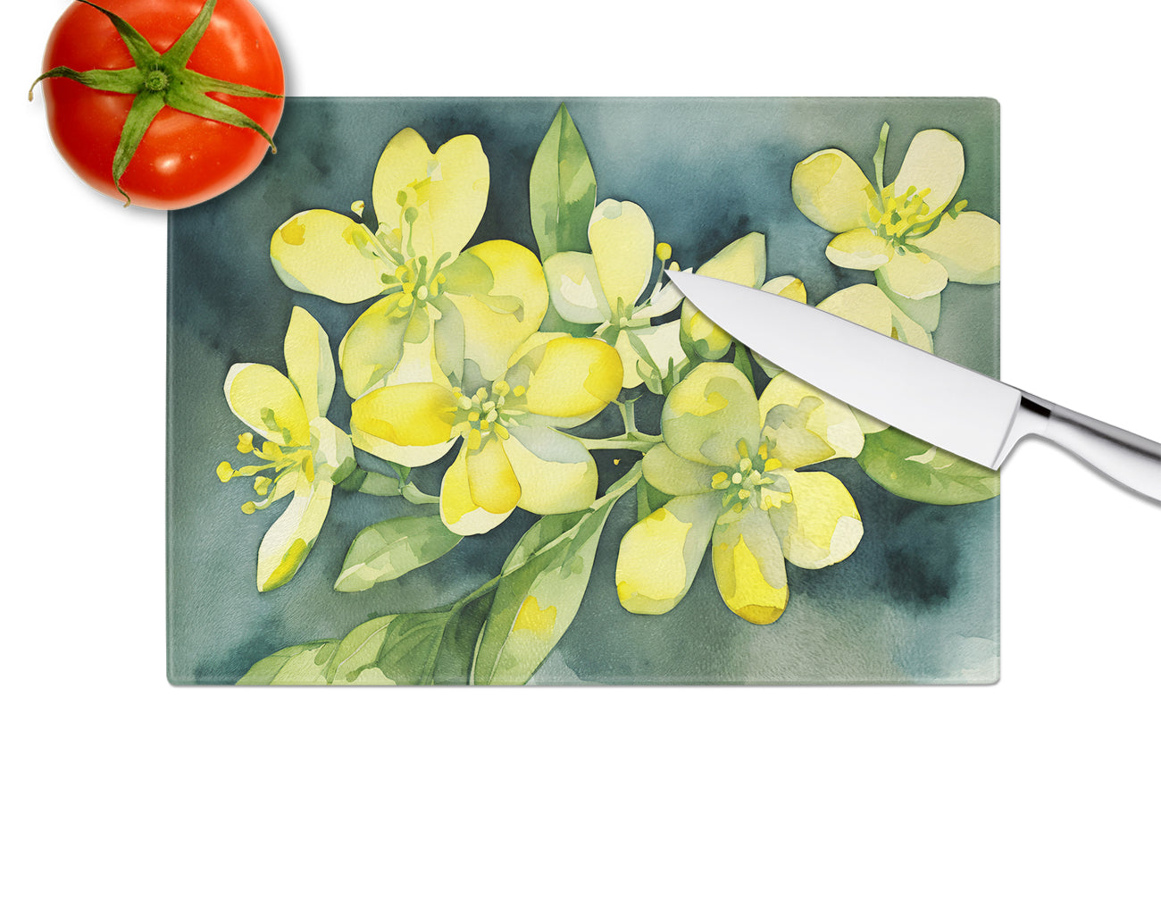 South Carolina Yellow Jessamine in Watercolor Glass Cutting Board