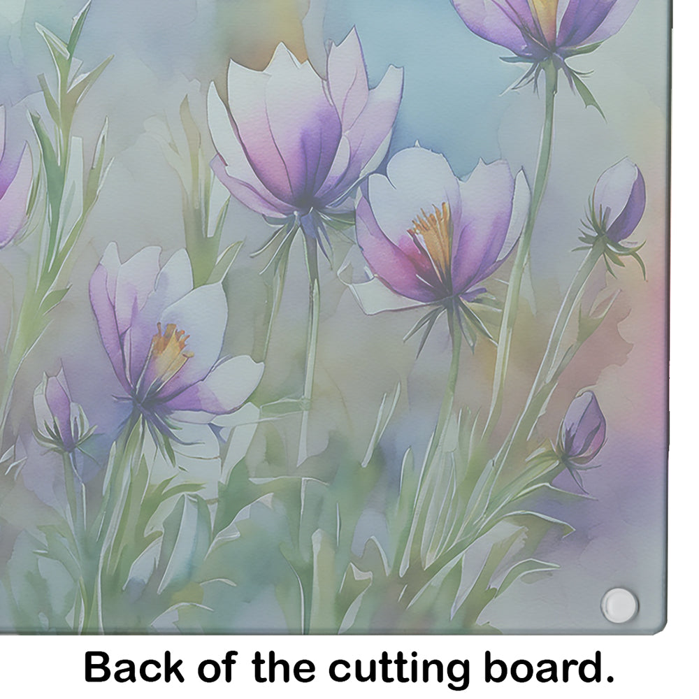 South Dakota Pasque Flowers in Watercolor Glass Cutting Board