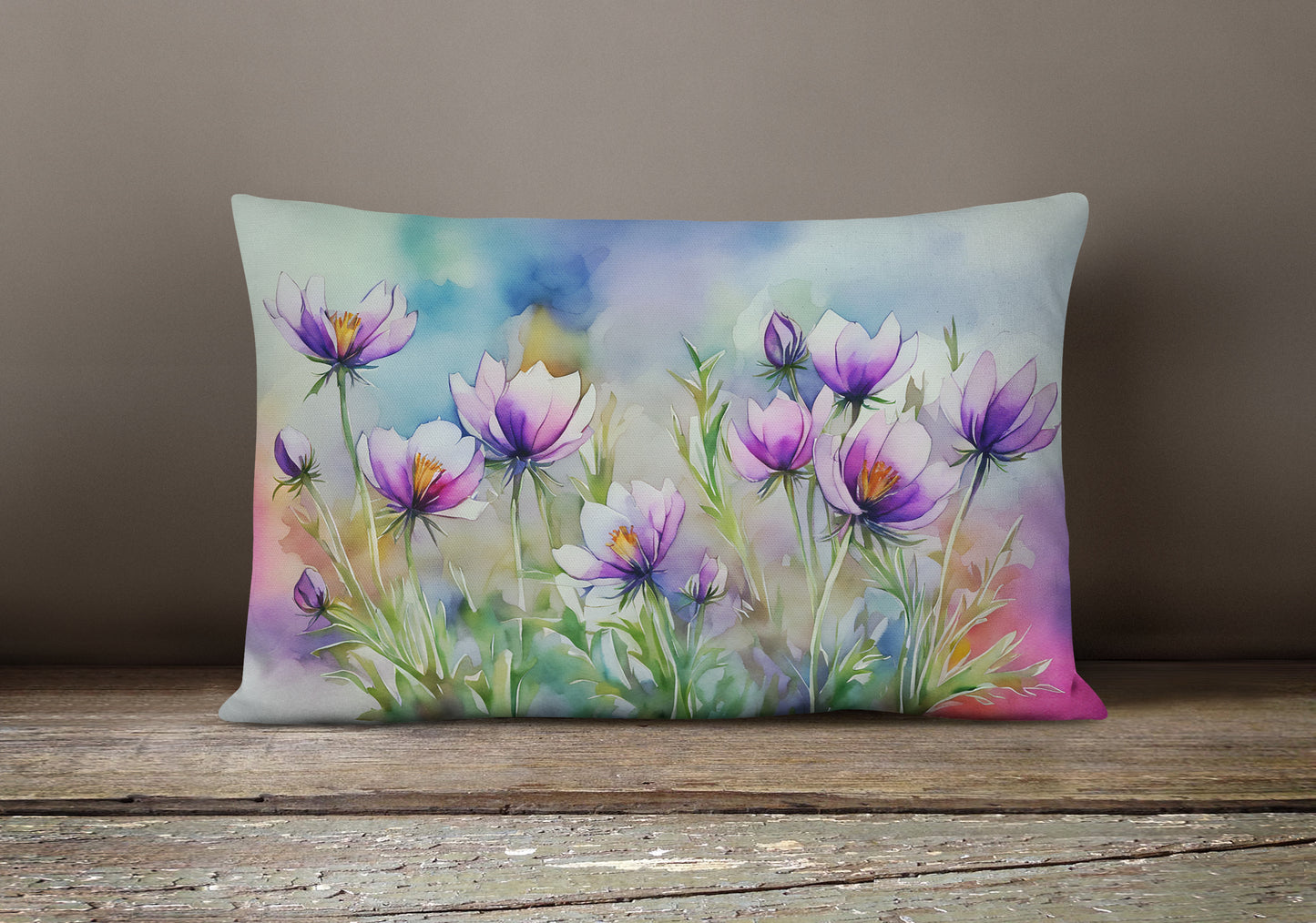 South Dakota Pasque Flowers in Watercolor Throw Pillow