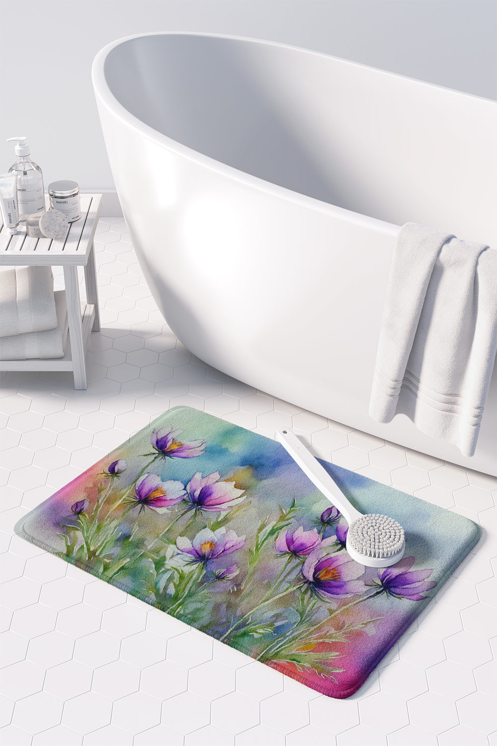 South Dakota Pasque Flowers in Watercolor Memory Foam Kitchen Mat