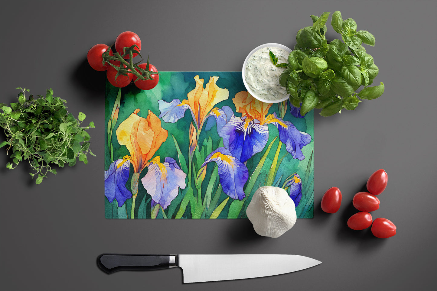 Tennessee Iris in Watercolor Glass Cutting Board