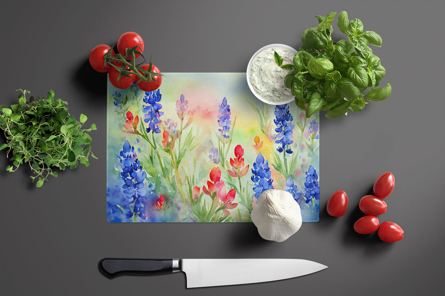 Texas Bluebonnets in Watercolor Glass Cutting Board