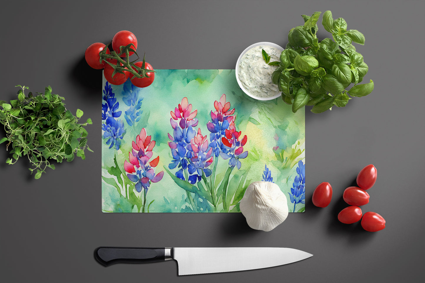 Texas Bluebonnets in Watercolor Glass Cutting Board