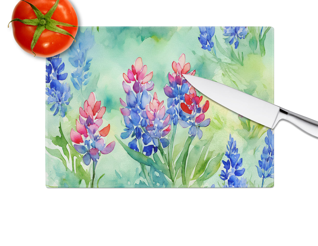 Texas Bluebonnets in Watercolor Glass Cutting Board