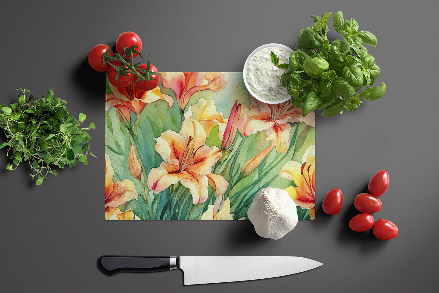 Utah Sego Lilies in Watercolor Glass Cutting Board