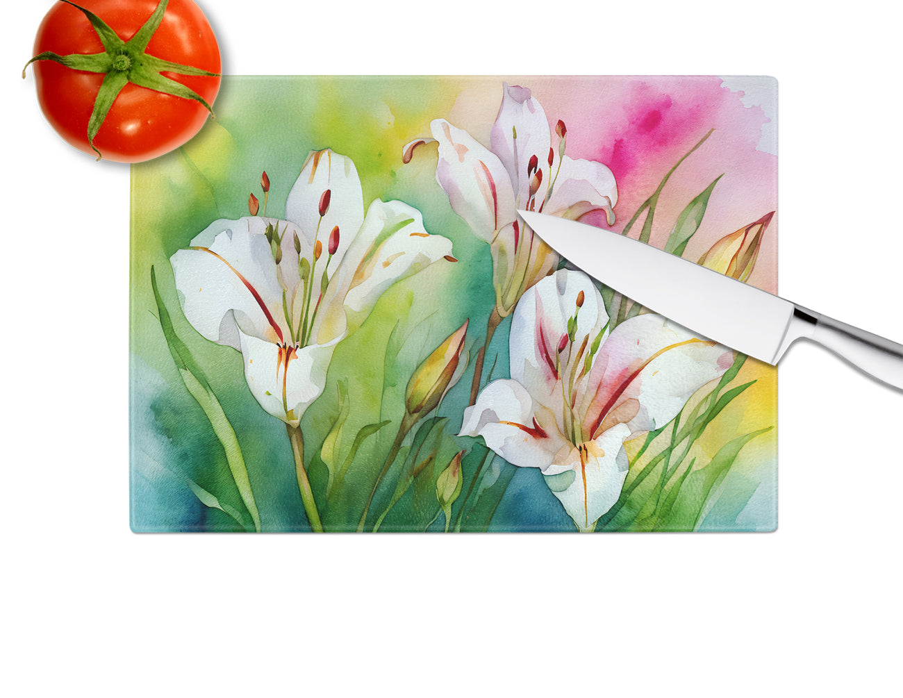 Utah Sego Lilies in Watercolor Glass Cutting Board