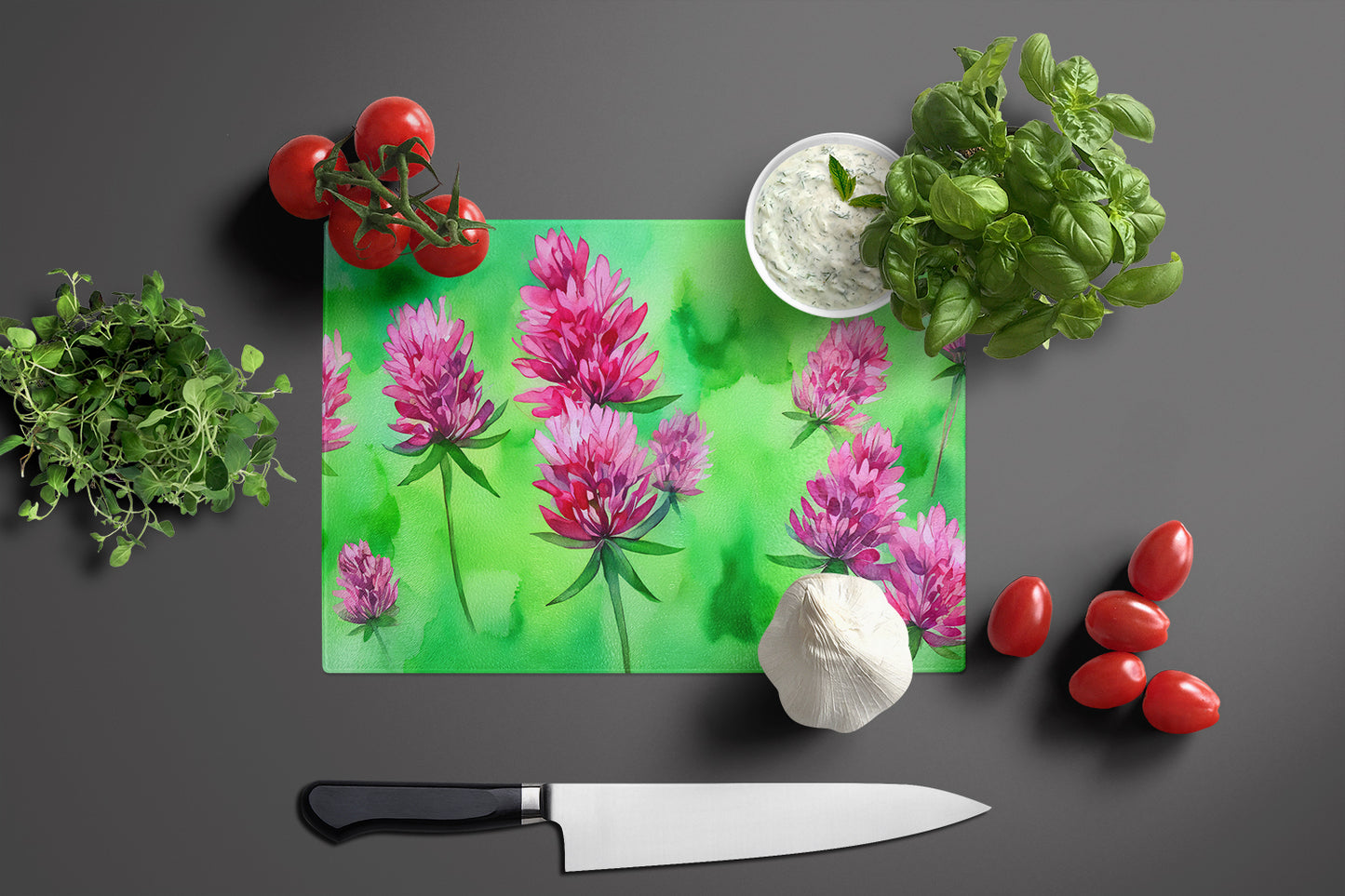 Vermont Red Clover in Watercolor Glass Cutting Board