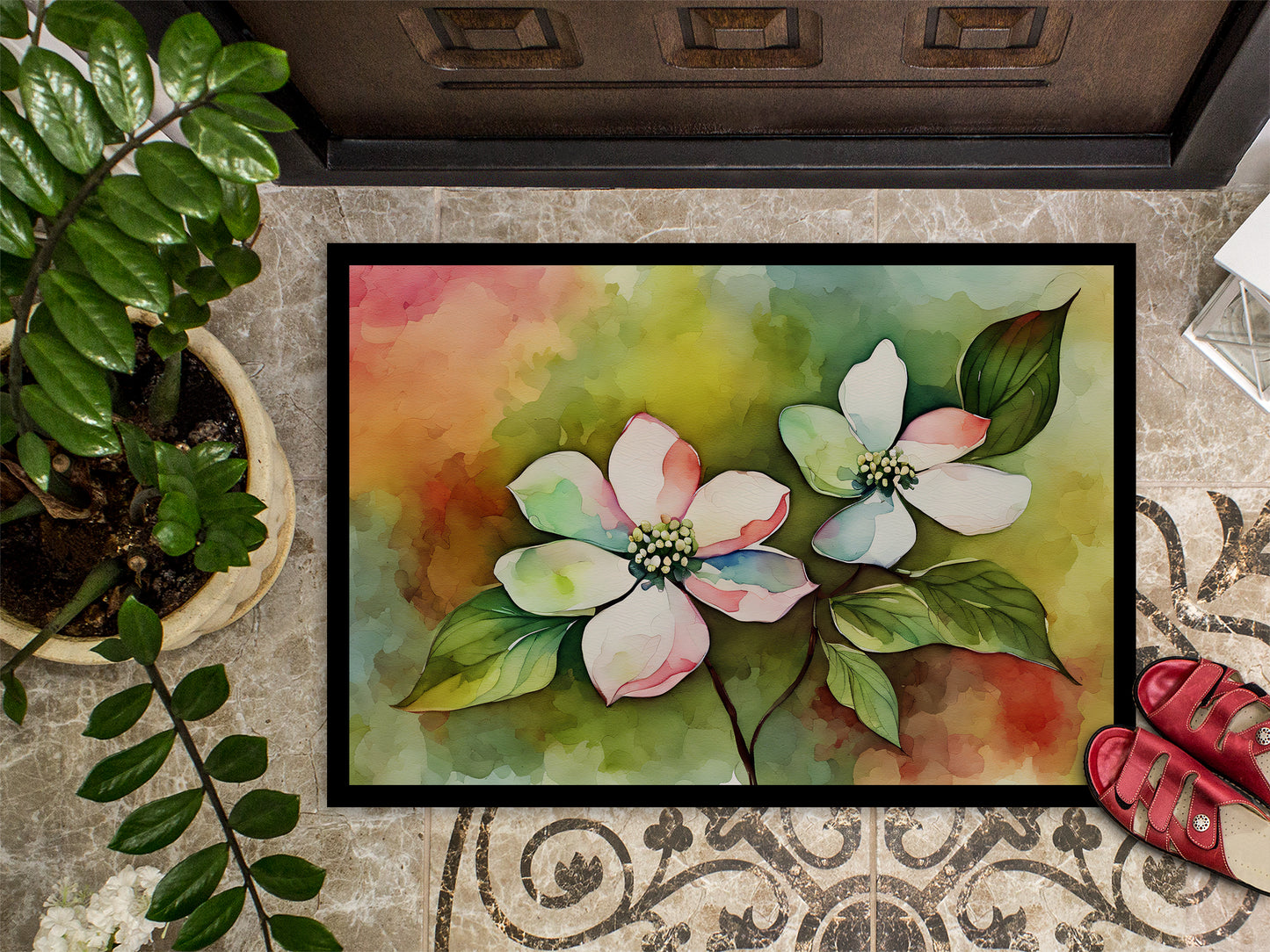 Virginia American Dogwood in Watercolor Doormat