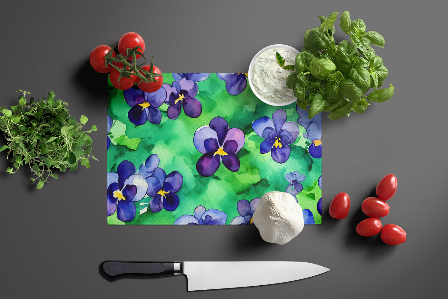 Wisconsin Wood Violets in Watercolor Glass Cutting Board