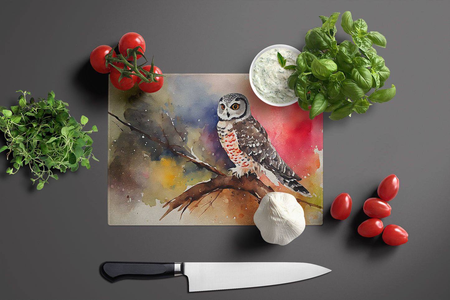 Northern Hawk Owl Glass Cutting Board