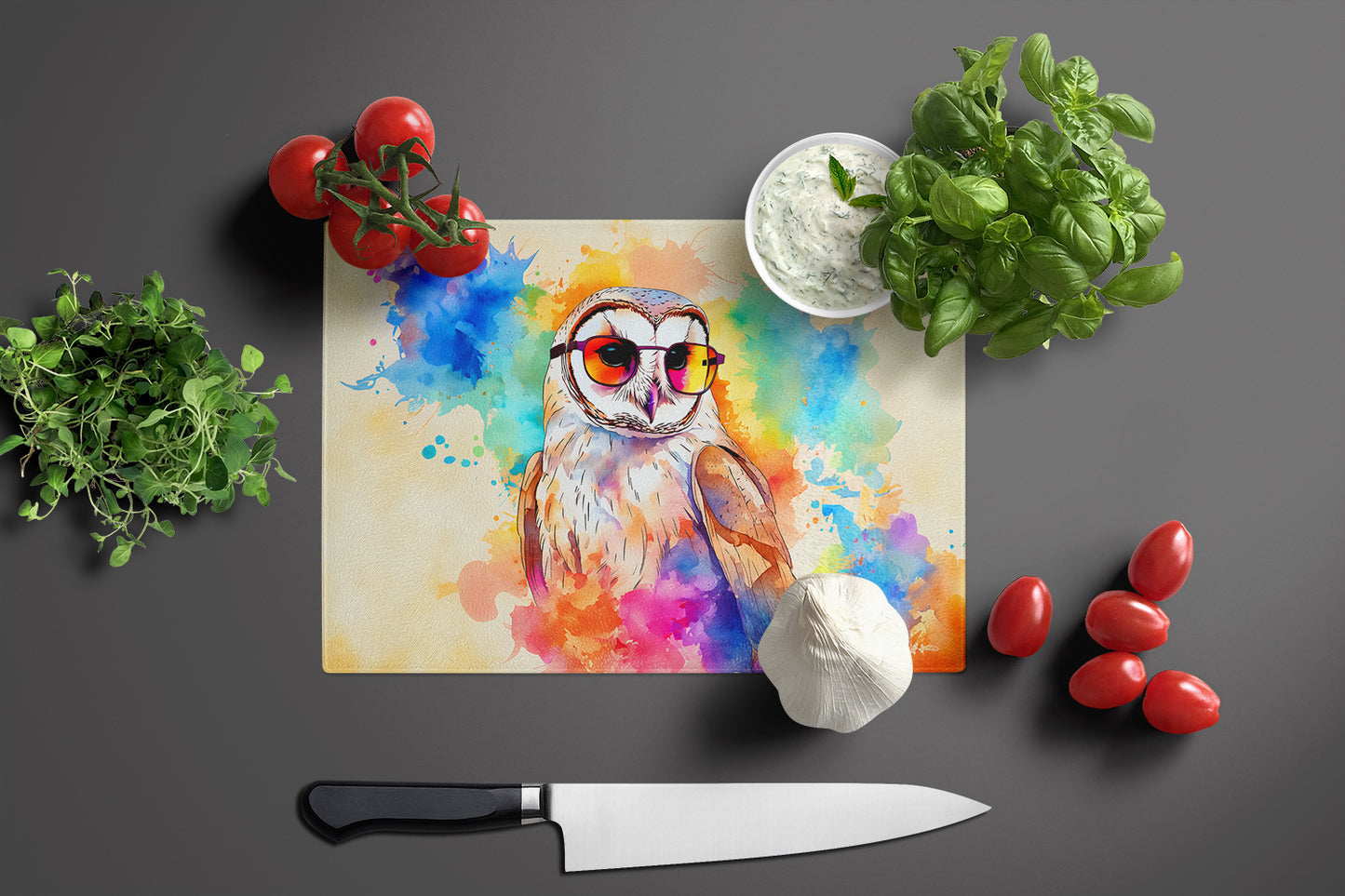 Hippie Animal Barn Owl Glass Cutting Board