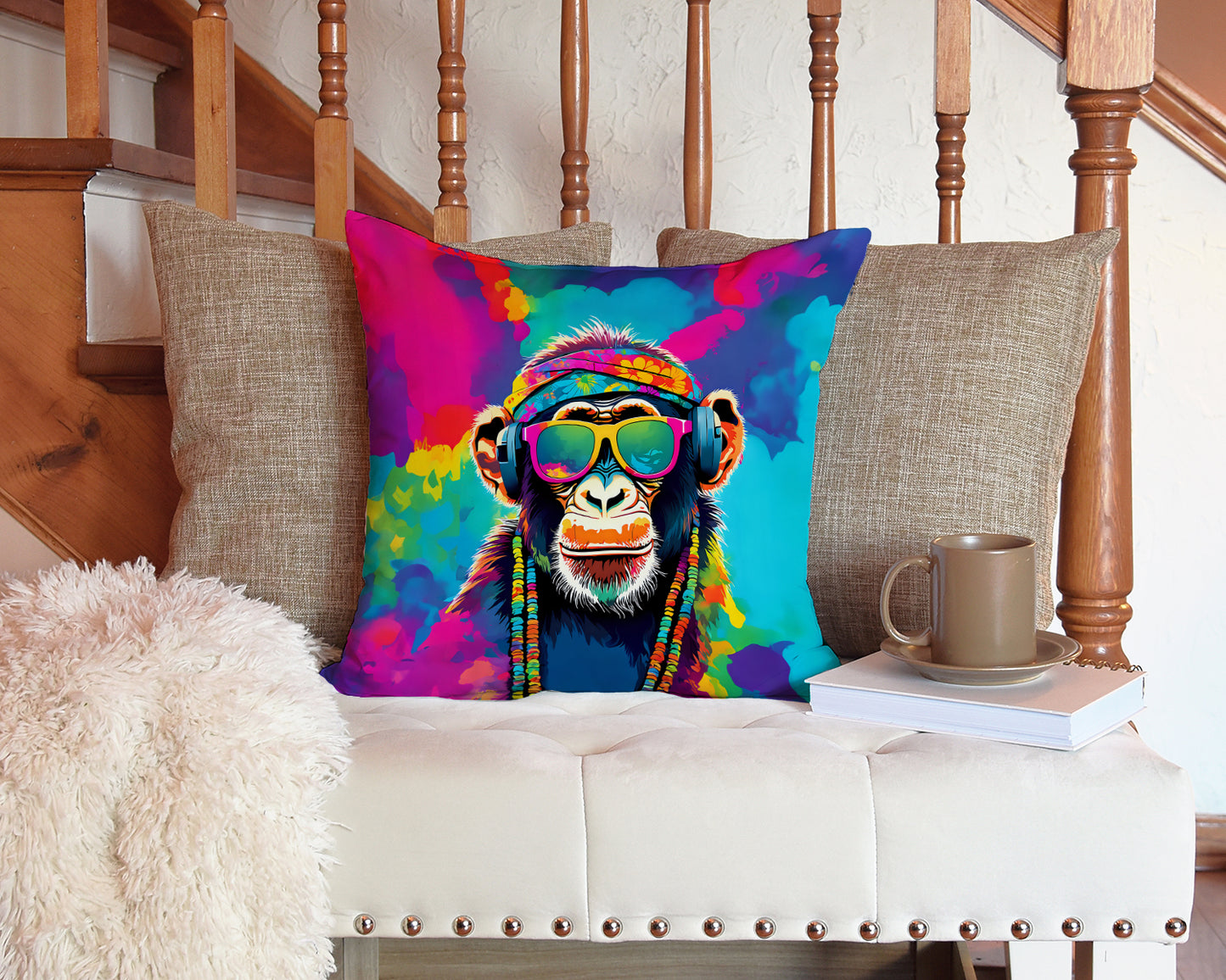 Hippie Animal Chimpanzee Throw Pillow