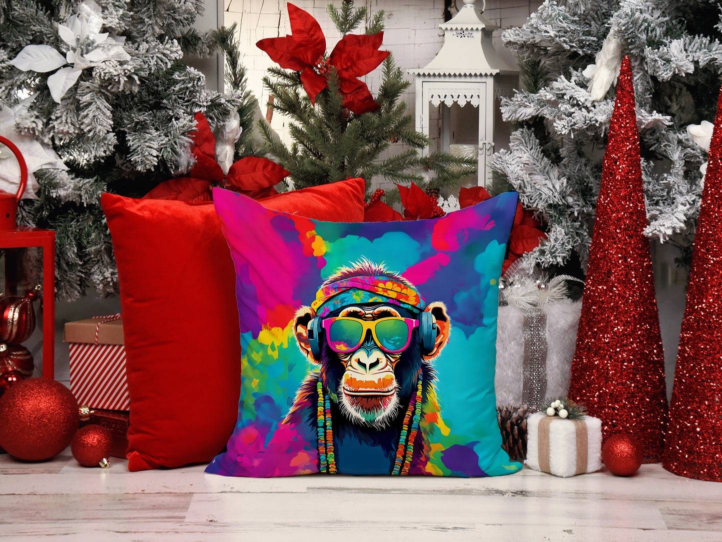 Hippie Animal Chimpanzee Throw Pillow