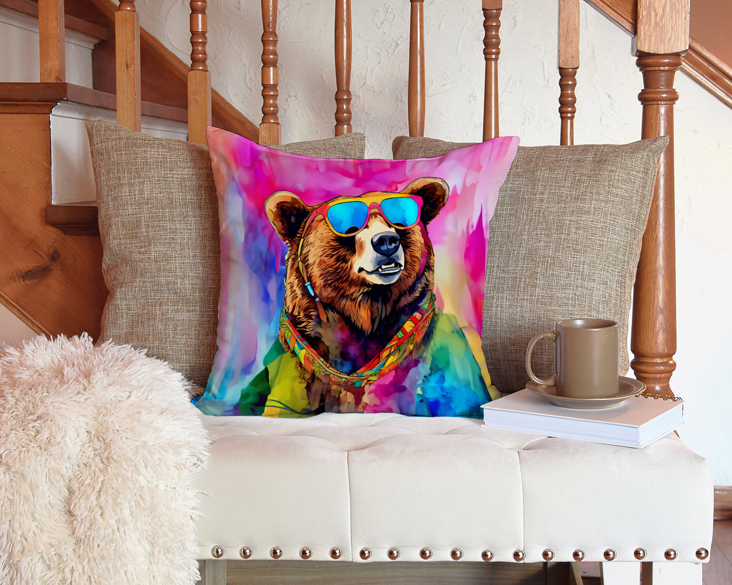 Hippie Animal Grizzly Bear Throw Pillow