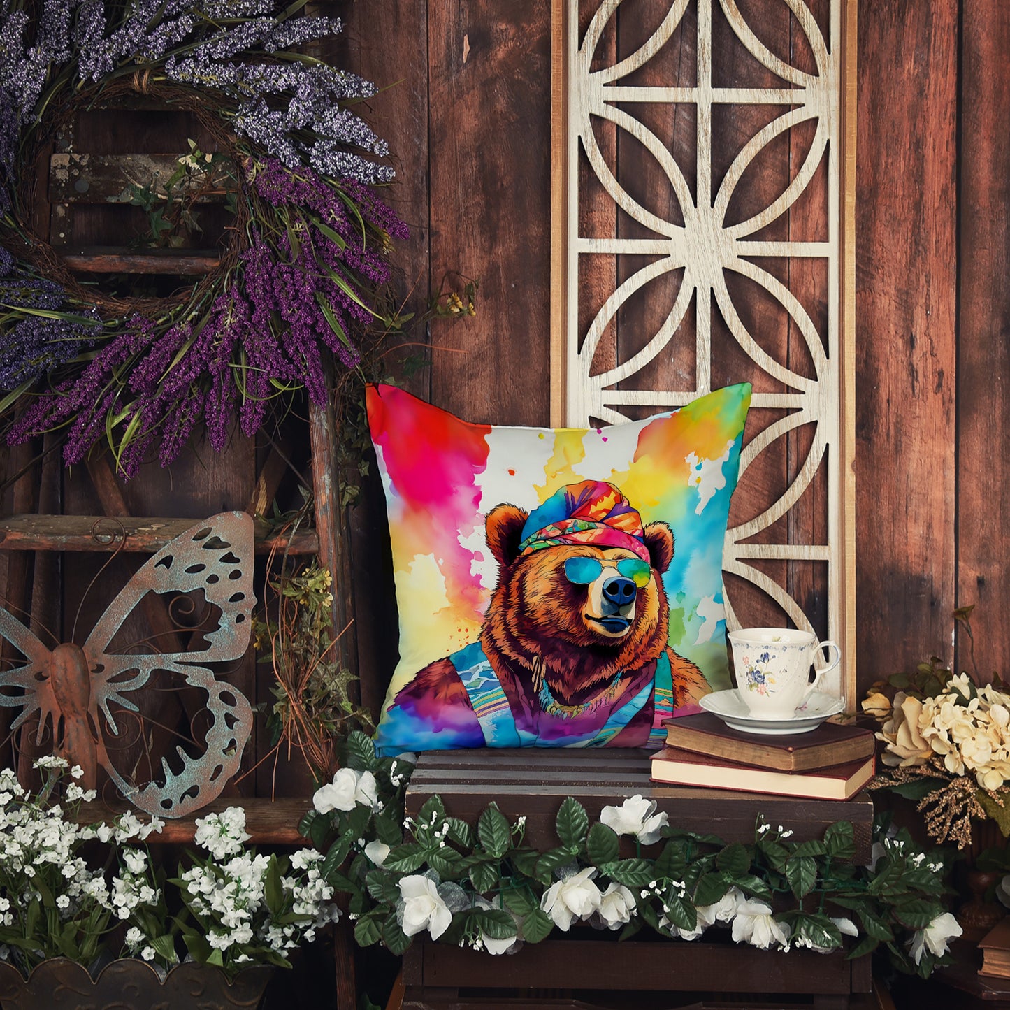 Hippie Animal Grizzly Bear Throw Pillow