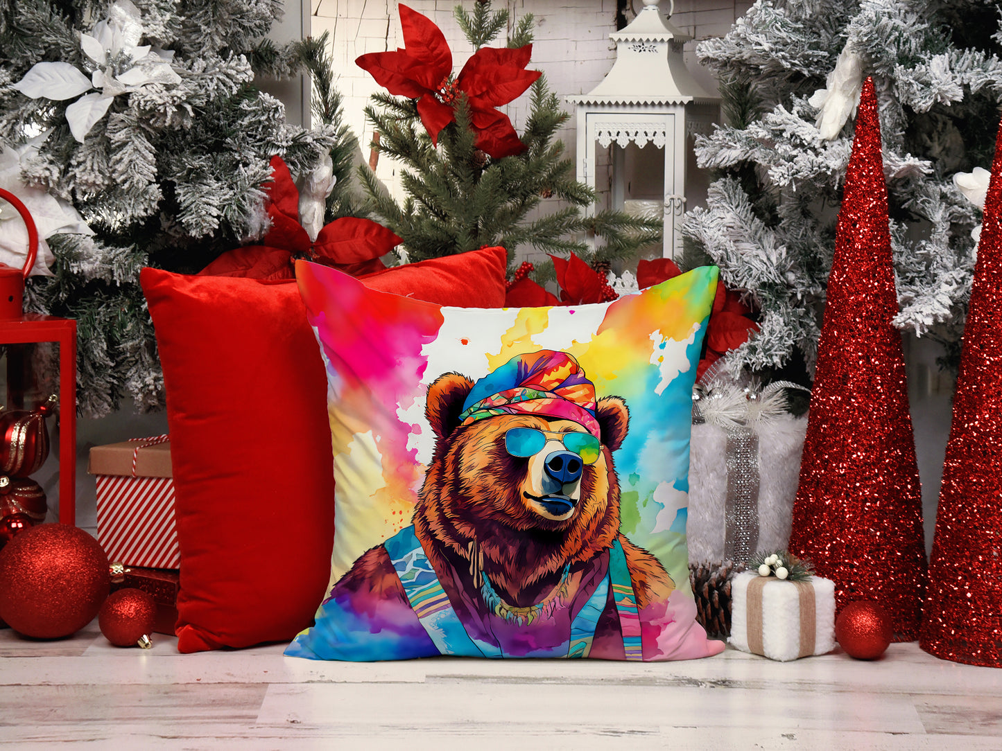 Hippie Animal Grizzly Bear Throw Pillow