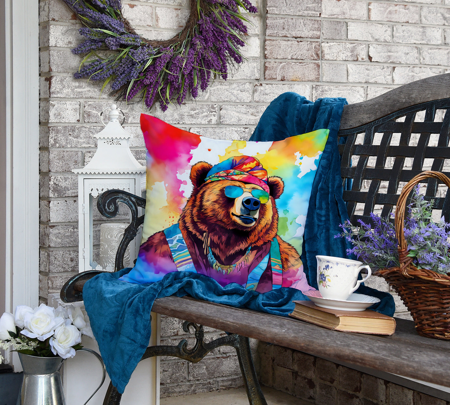 Hippie Animal Grizzly Bear Throw Pillow