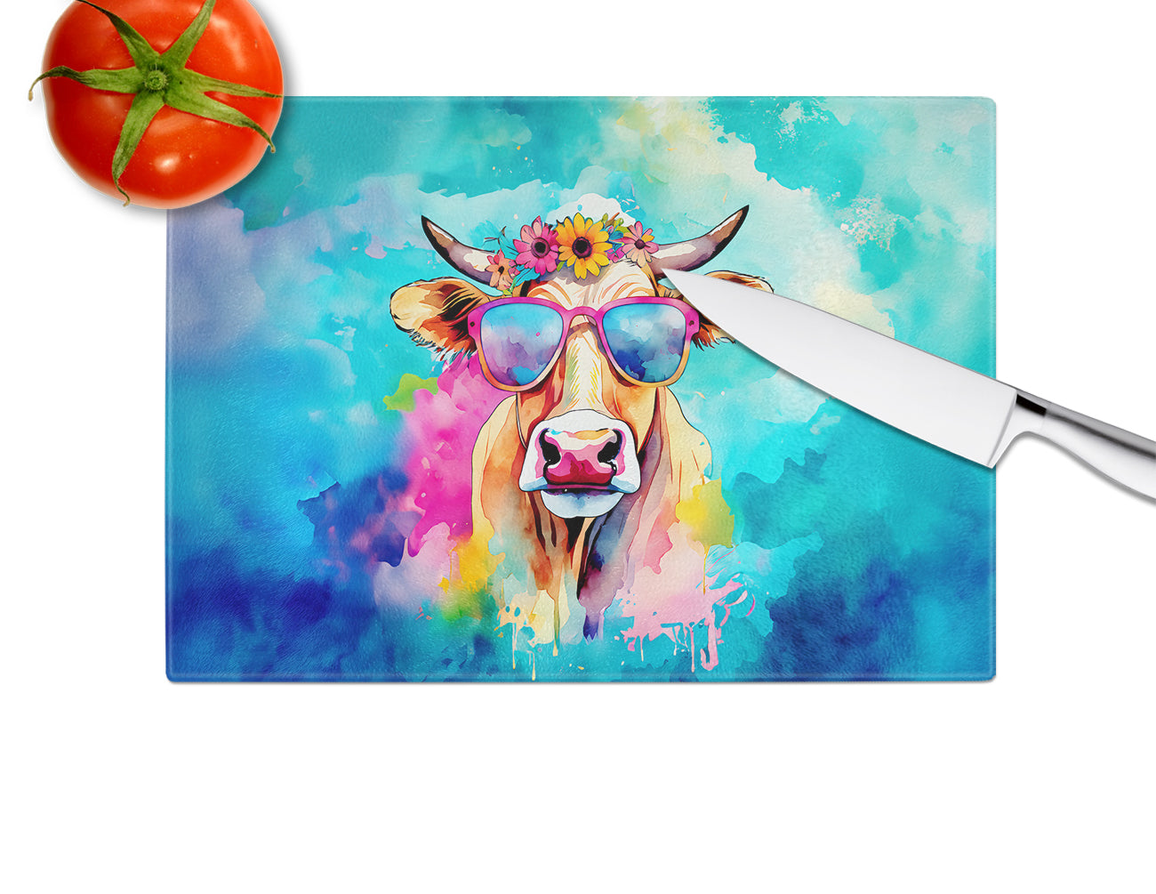 Hippie Animal Malvi Cow Glass Cutting Board