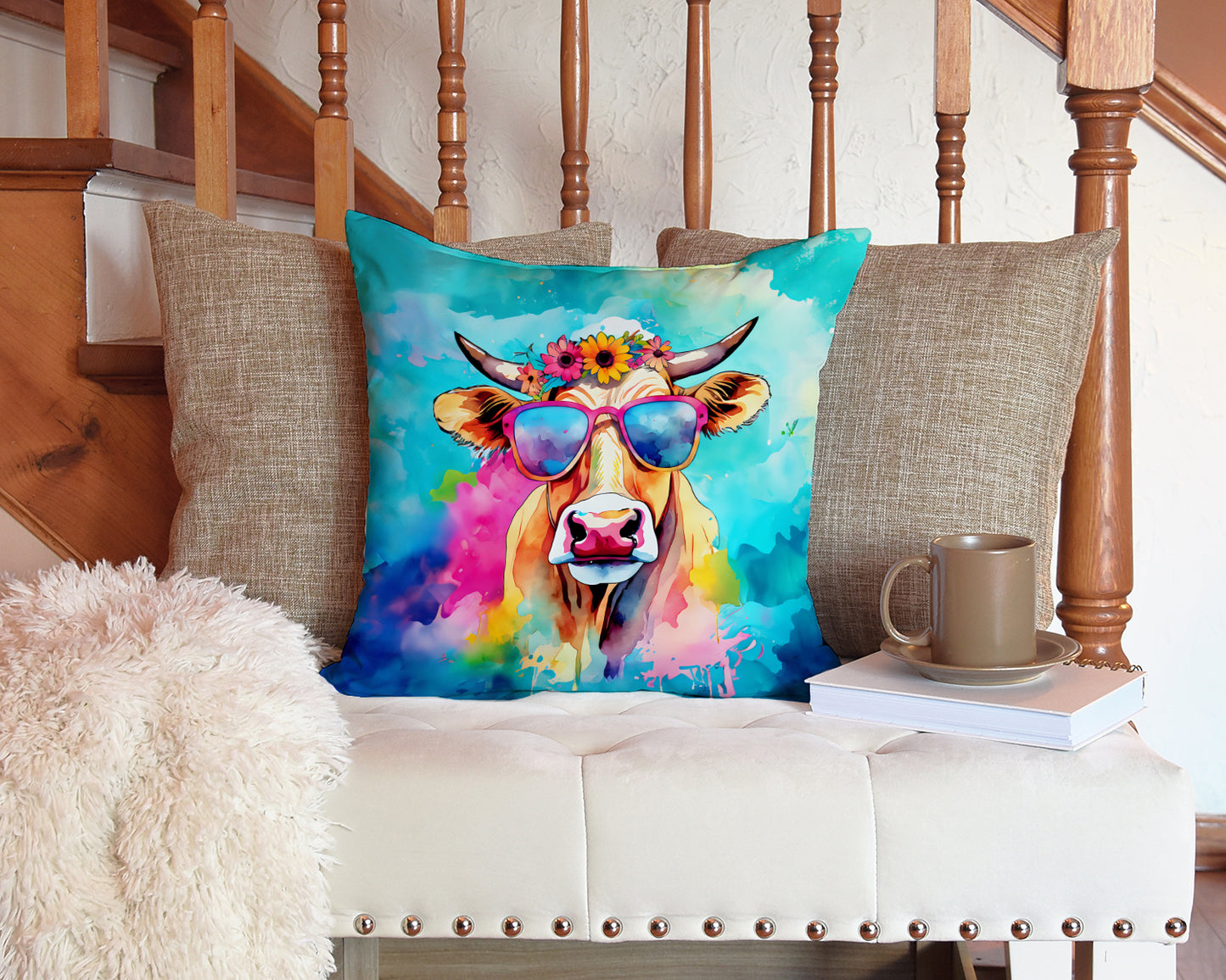 Hippie Animal Malvi Cow Throw Pillow