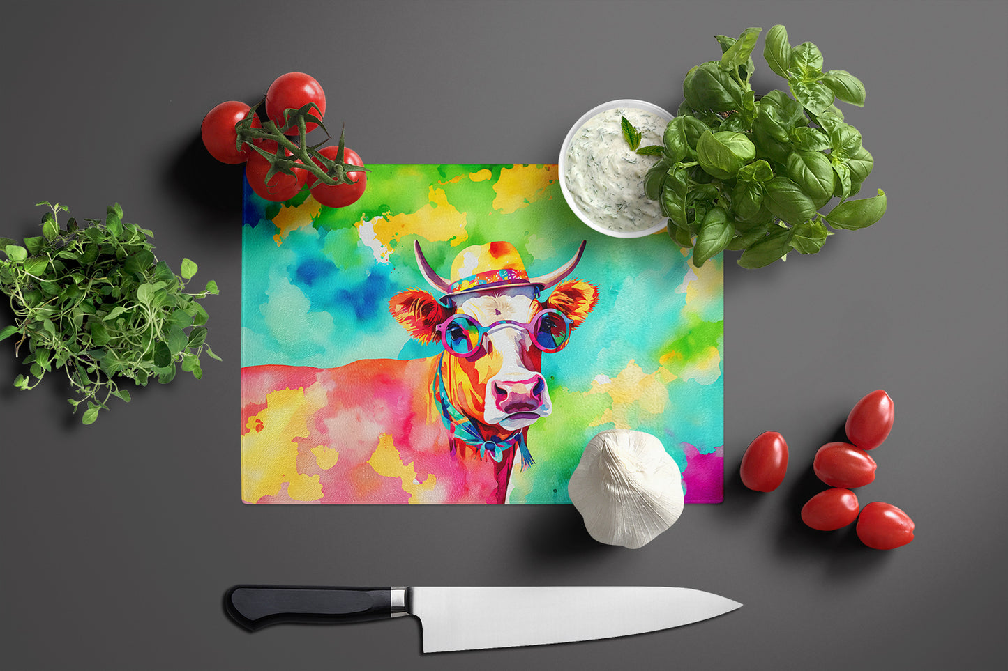 Hippie Animal Malvi Cow Glass Cutting Board