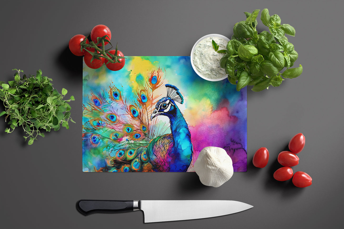 Hippie Animal Peacock Glass Cutting Board