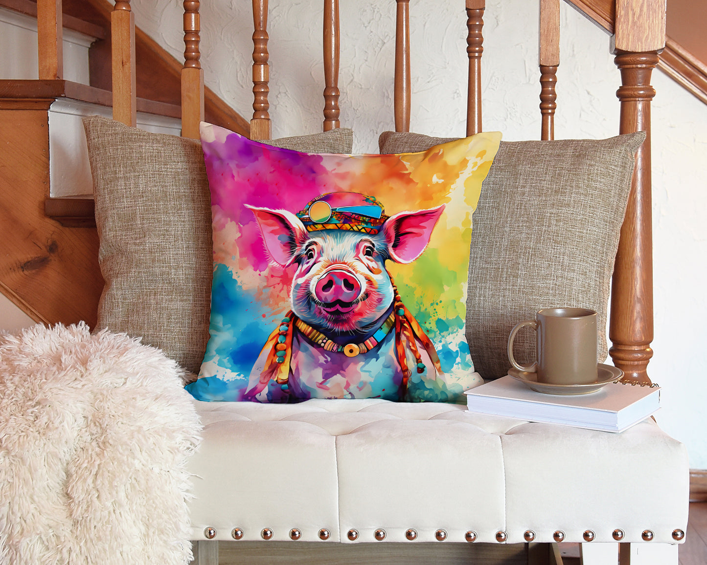 Hippie Animal Pig Throw Pillow