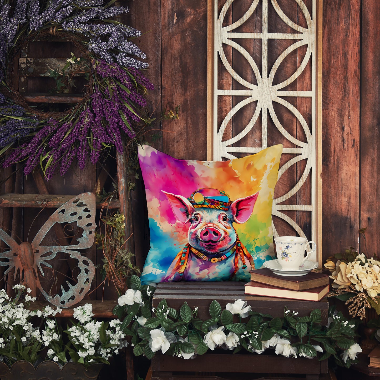 Hippie Animal Pig Throw Pillow