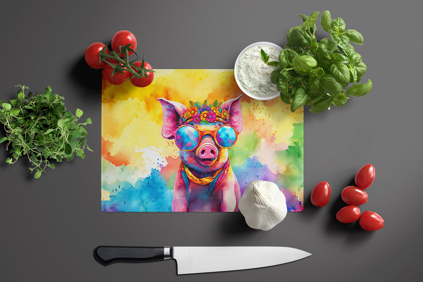 Hippie Animal Pig Glass Cutting Board