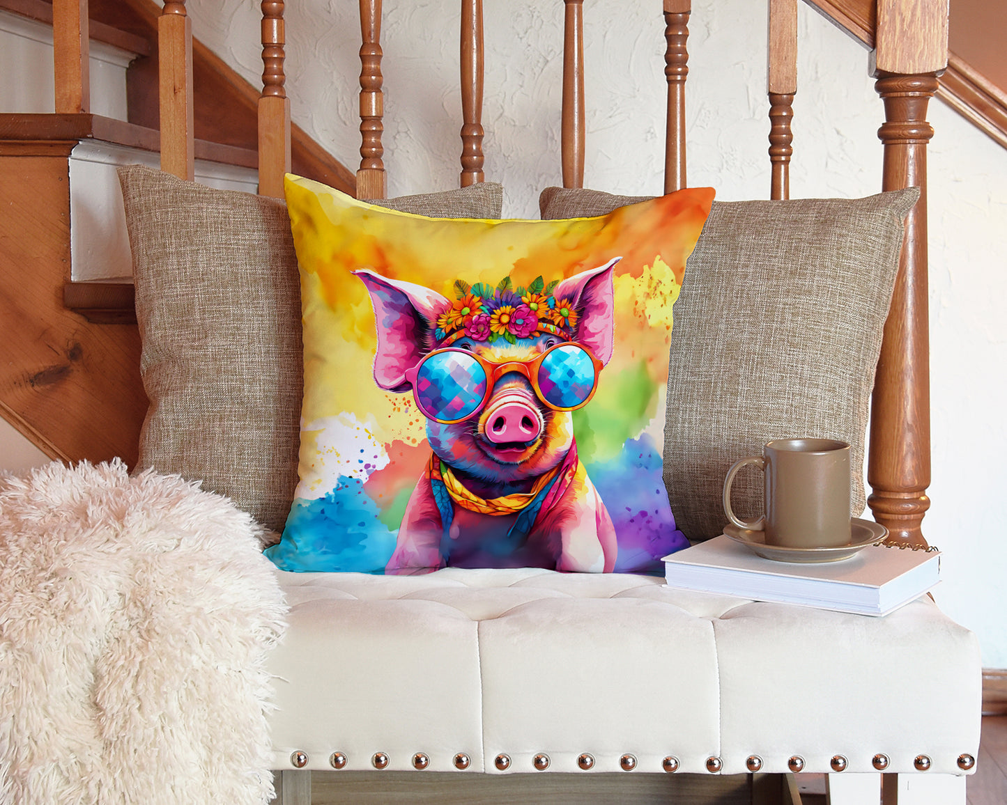 Hippie Animal Pig Throw Pillow