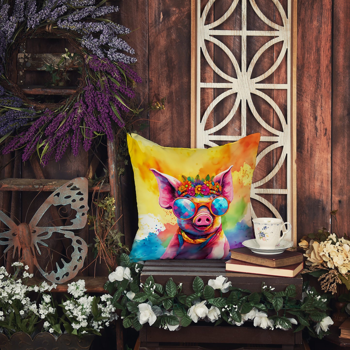 Hippie Animal Pig Throw Pillow