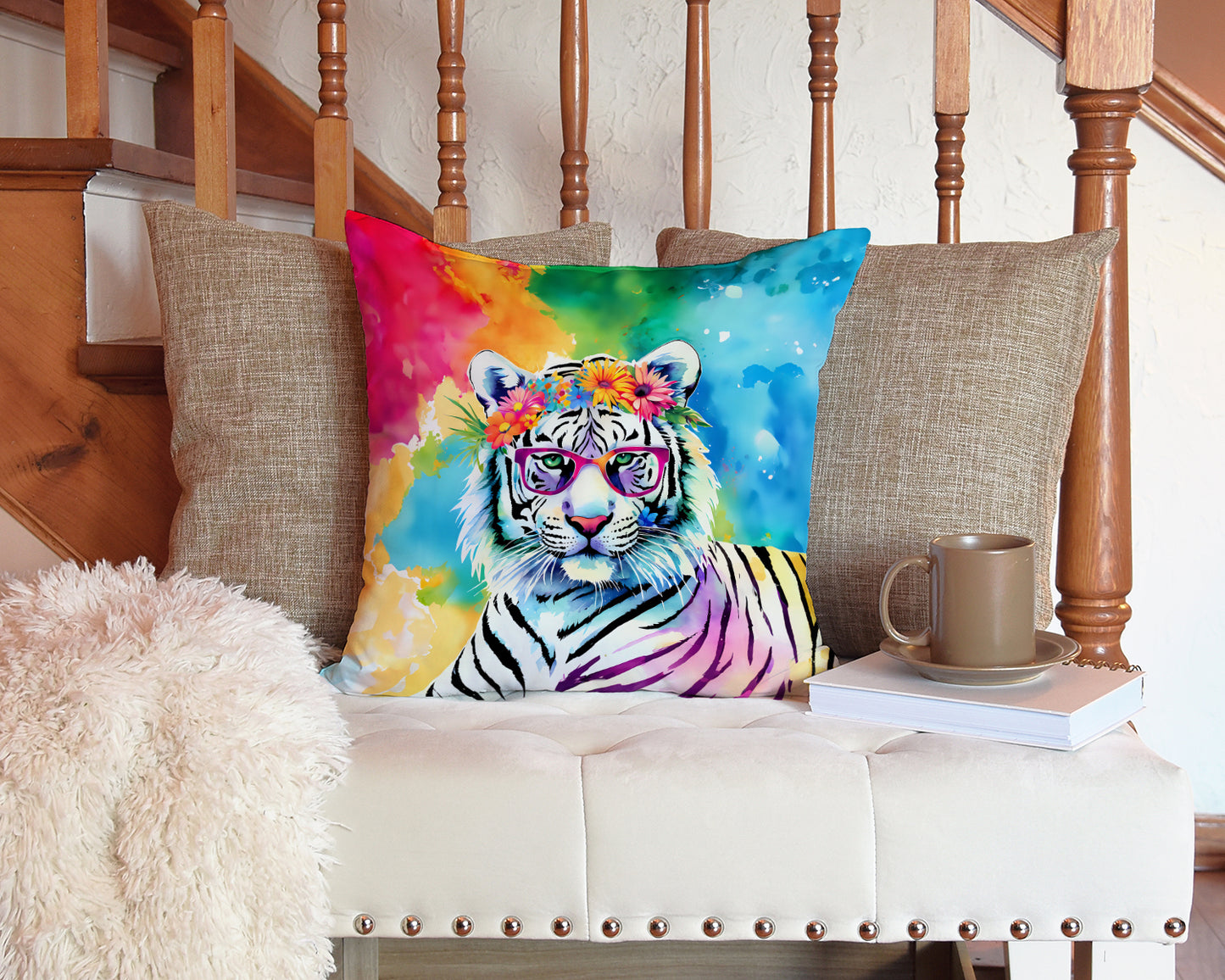 Hippie Animal White Tiger Throw Pillow