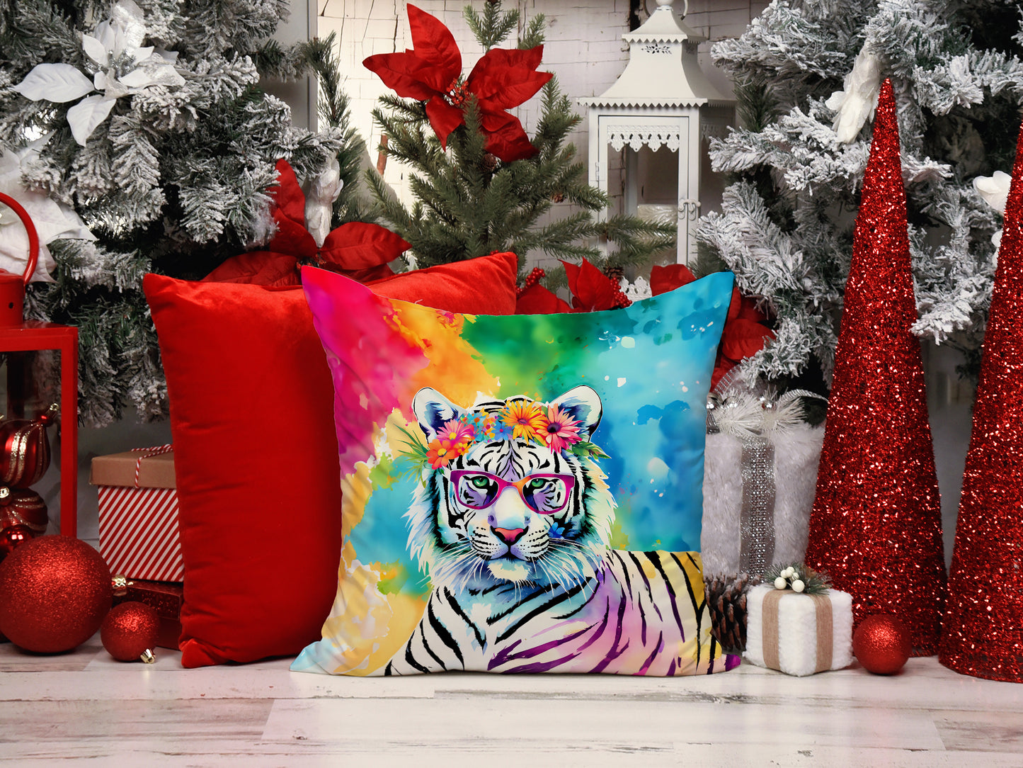 Hippie Animal White Tiger Throw Pillow