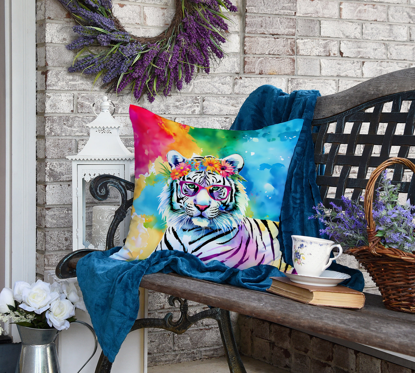 Hippie Animal White Tiger Throw Pillow