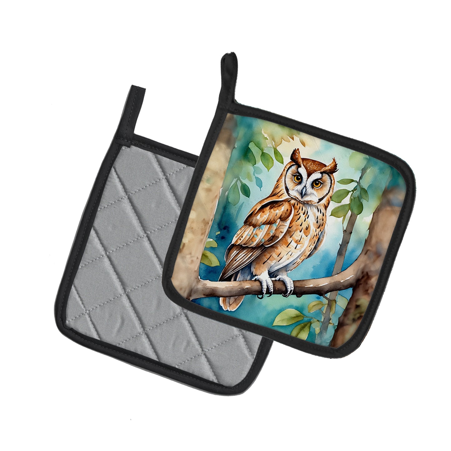 Oriental Bay Owl Pair of Pot Holders