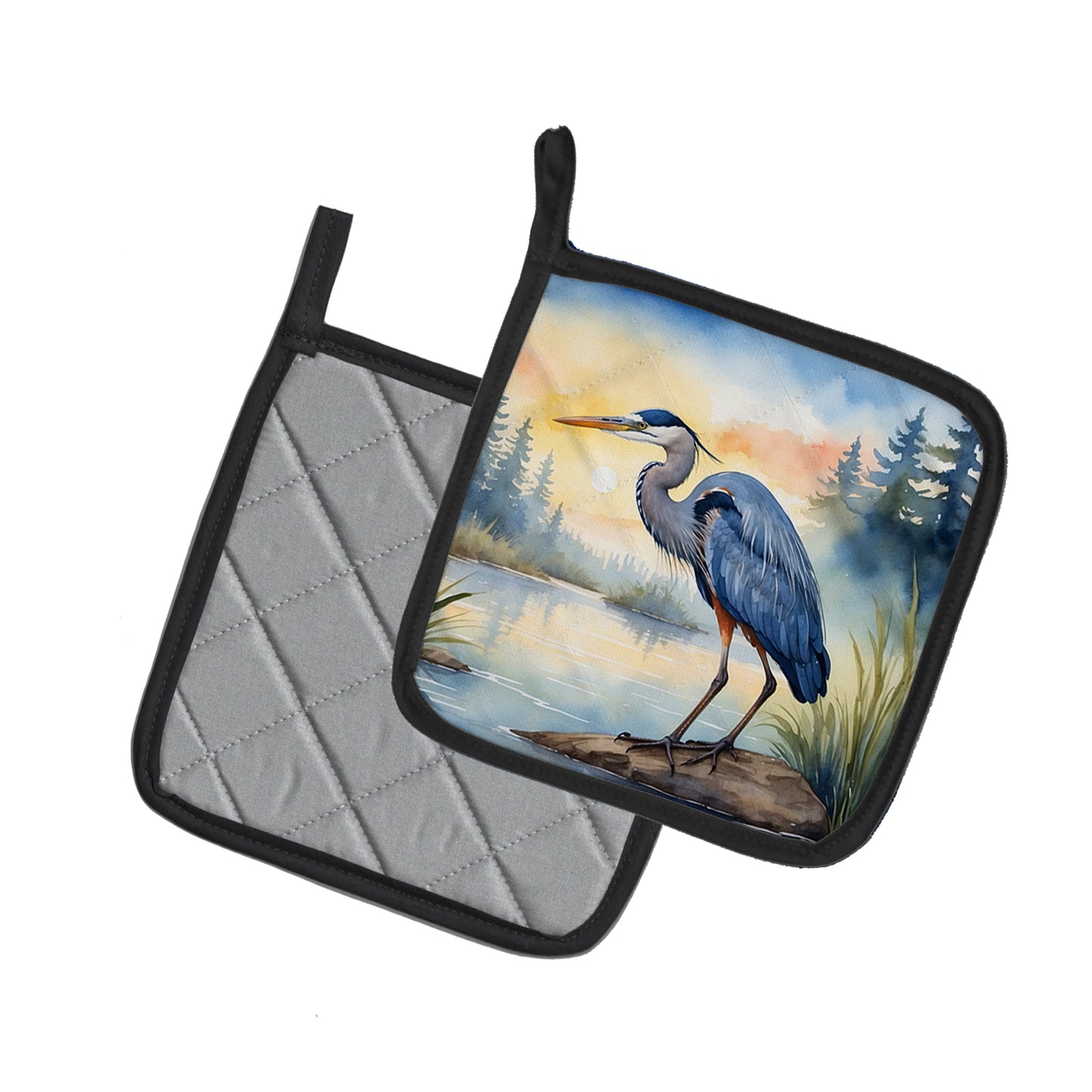 Blue Heron Emerging as the day fades Pair of Pot Holders