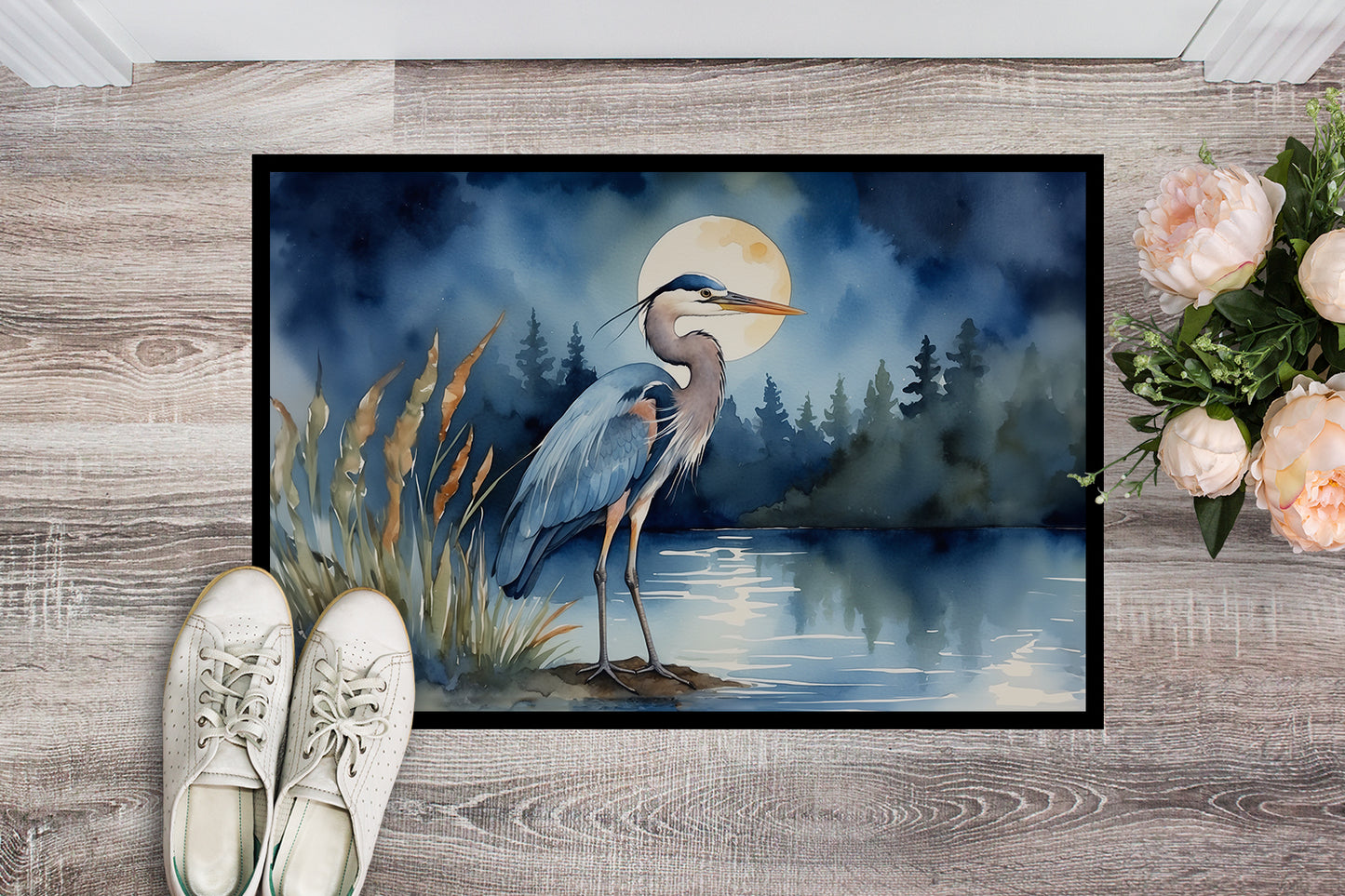 Blue Heron Under the Moonlight Doormat