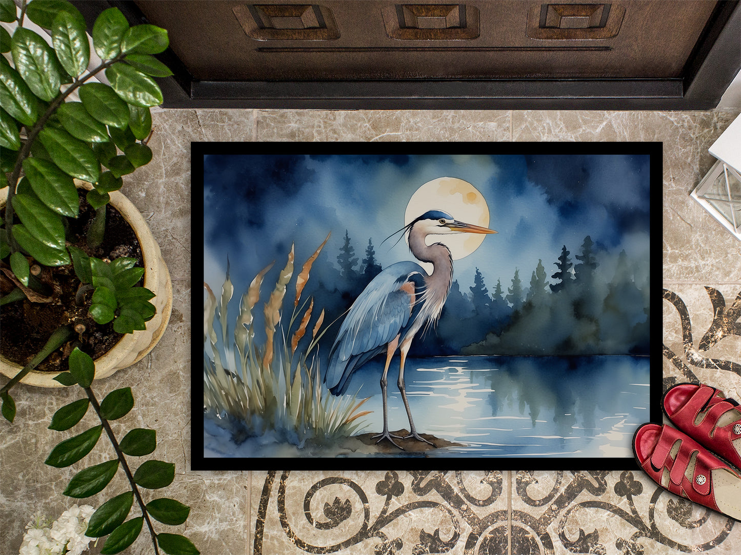 Blue Heron Under the Moonlight Doormat