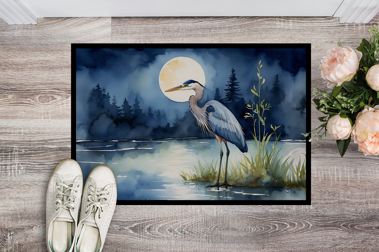 Blue Heron Under the Moonlight Doormat