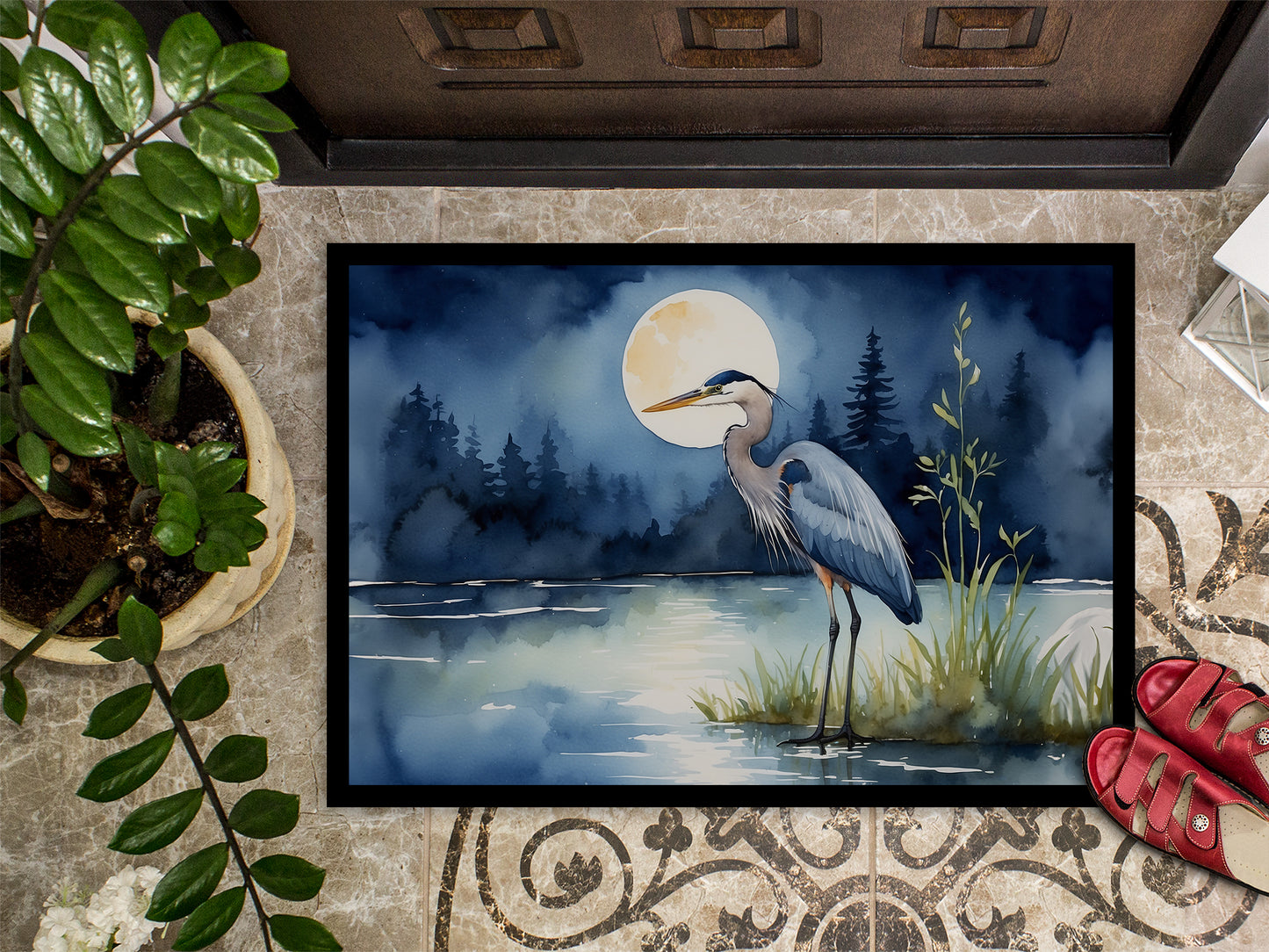 Blue Heron Under the Moonlight Doormat