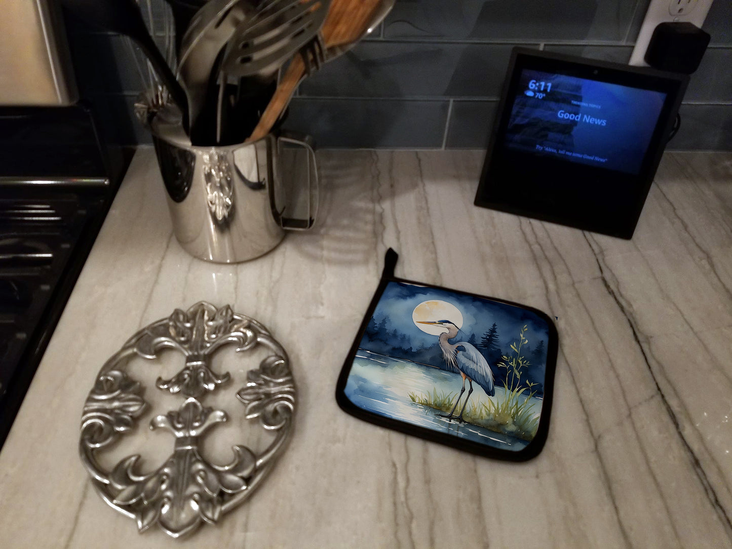 Blue Heron Under the Moonlight Pair of Pot Holders