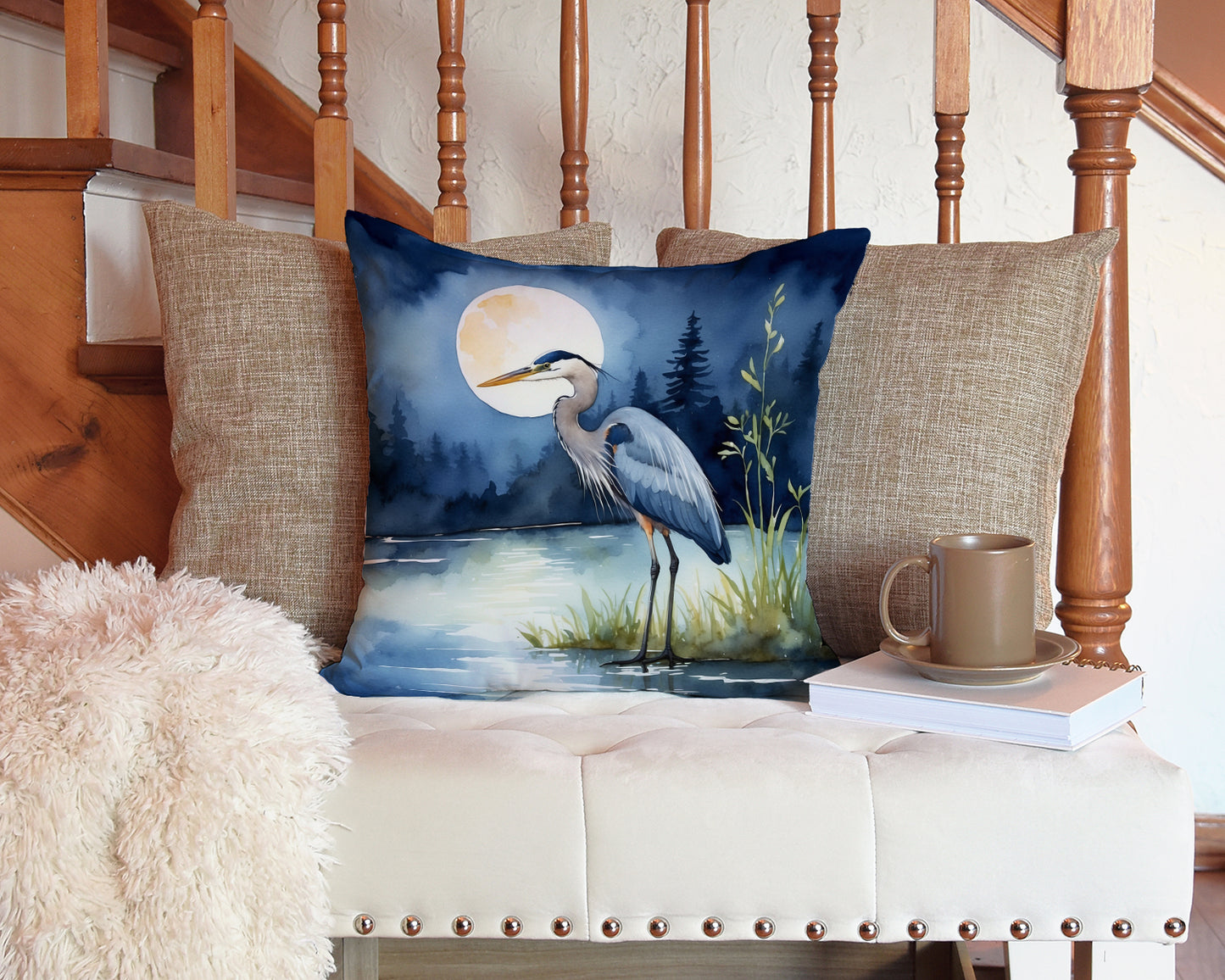 Blue Heron Under the Moonlight Throw Pillow