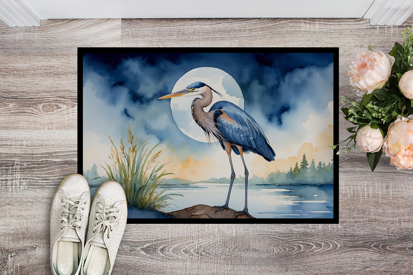 Blue Heron Under the Moonlight Doormat