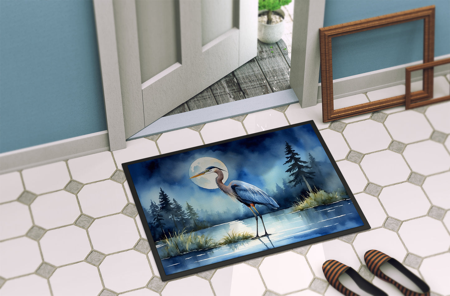 Blue Heron Under the Moonlight Doormat