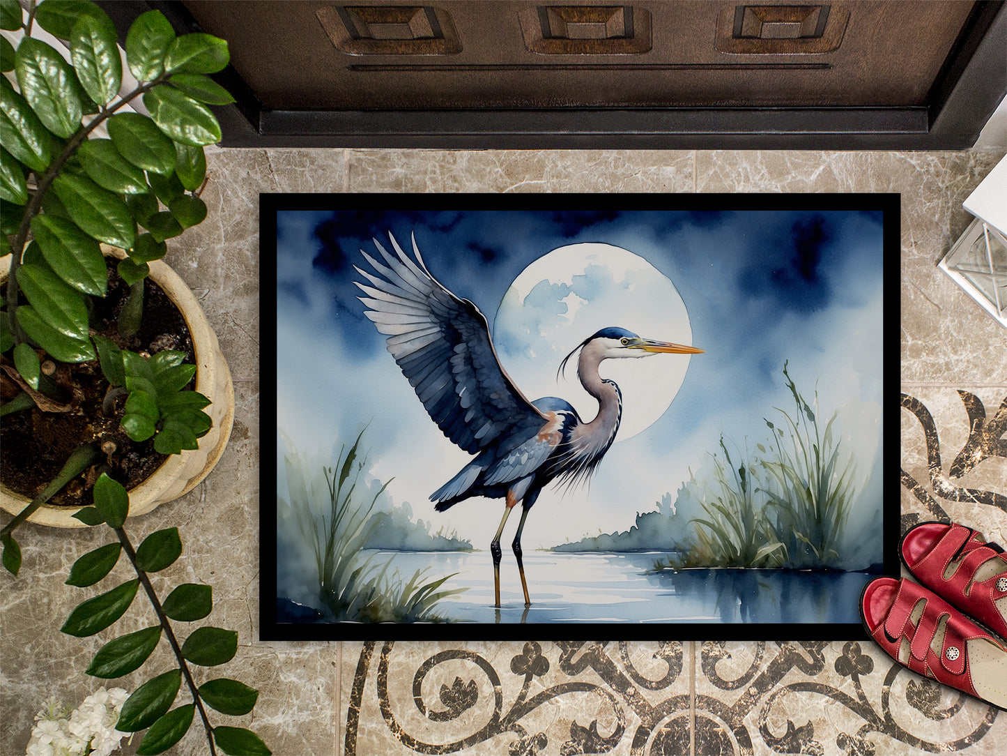 Blue Heron Under the Moonlight Doormat