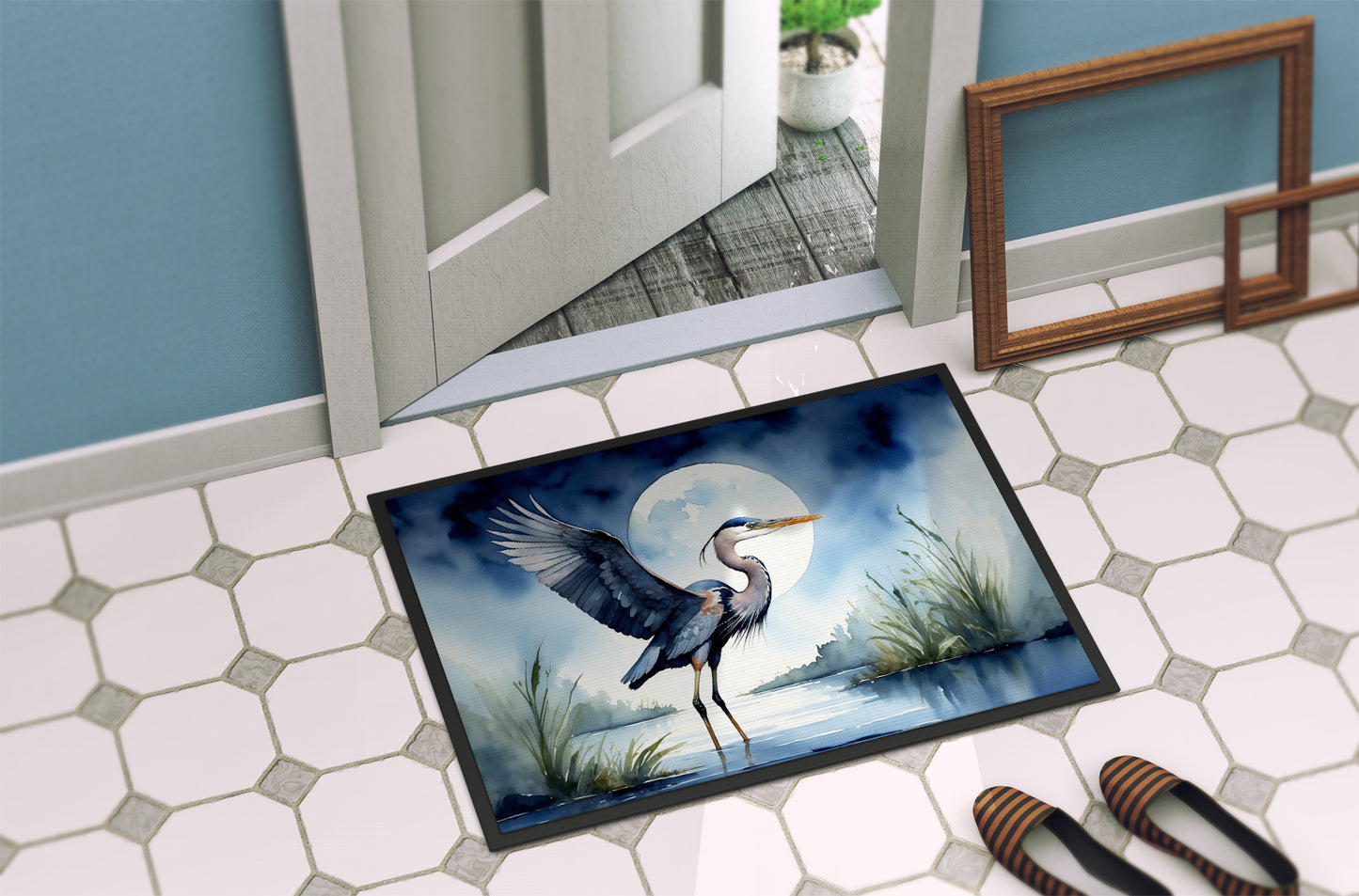 Blue Heron Under the Moonlight Doormat