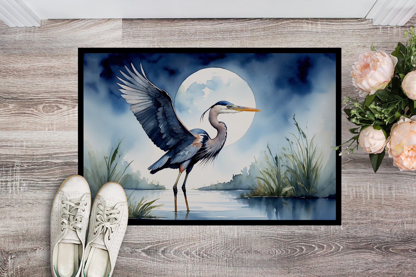 Blue Heron Under the Moonlight Doormat